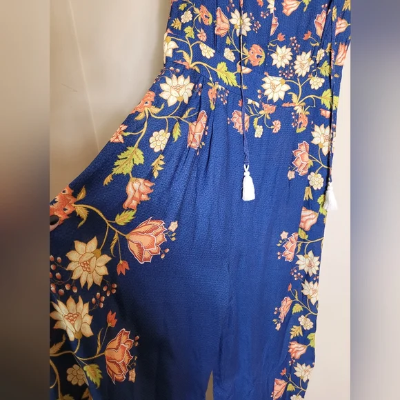 Farm Rio Anthropologie Blue Floral Wide Leg Jumpsuit Medium - Picture 8 of 12